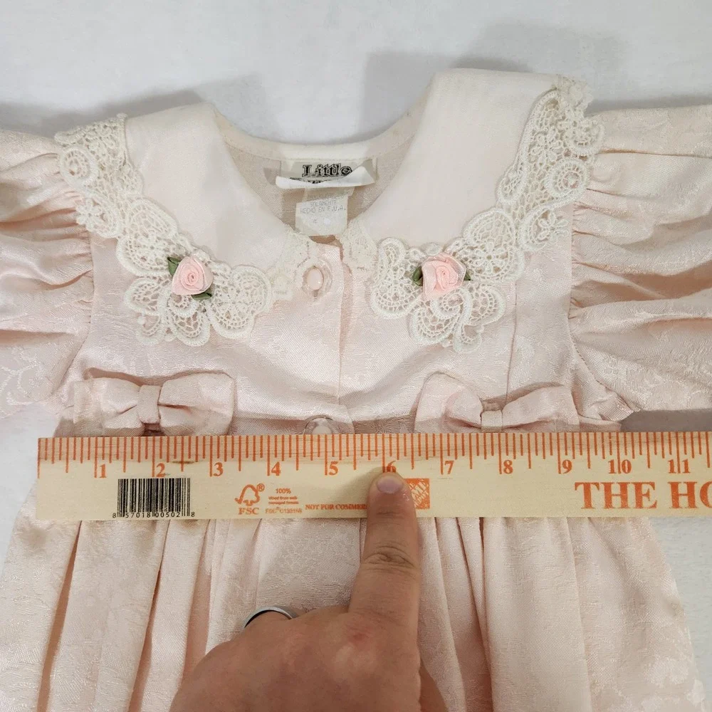 Vintage Little Penguin Girls Pink Damask Lace Dress Size 4 Rose Eyelet USA Made